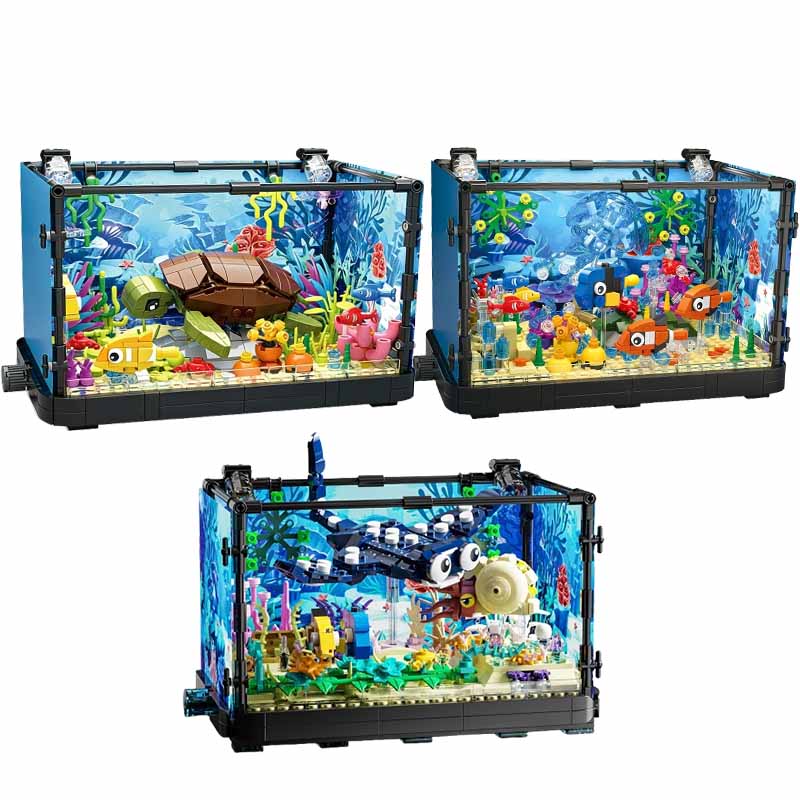 Aquarium And Marine - Aquarium-Baustein-Set mit Licht, Aquarium, Meeresschildkröte, Baustein-Spielzeug